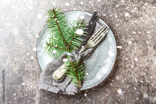 Holiday Christmas food background, cutlery, plate, napkin with ring and Christmas tree branch, table setting in silver tone, stone background
