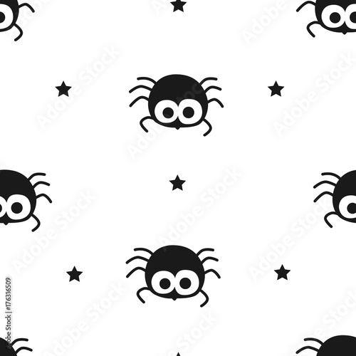 Happy Halloween pattern with cute spider and stars. Flat design. Vector seamless background.