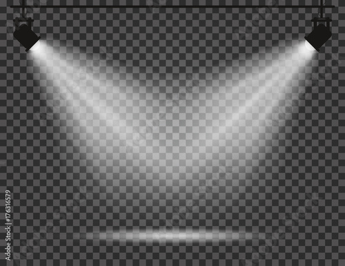 Spotlights with light beams on transparent background. Realistic spotlights for theatre, photo studio, concerts