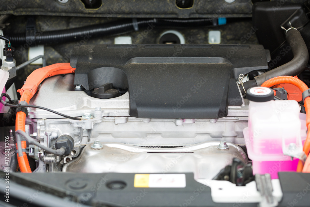 Interior of a hybrid car powered both by electric battery and gas engine