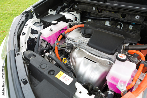 Interior of a hybrid car powered both by electric battery and gas engine
