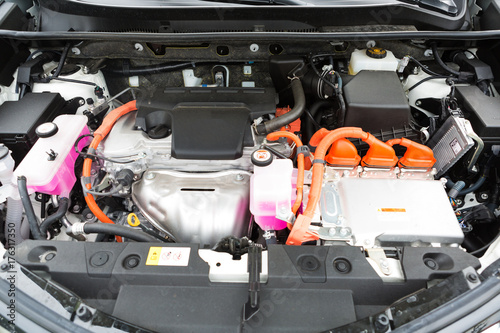 Interior of a hybrid car powered both by electric battery and gas engine