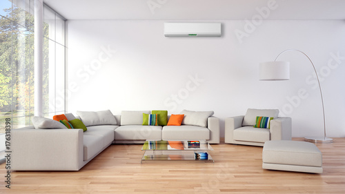 Modern bright living room with air conditioning, white wall. 3D rendering © 3DarcaStudio