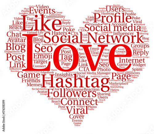Words cloud Social Network concept, Heart shape.