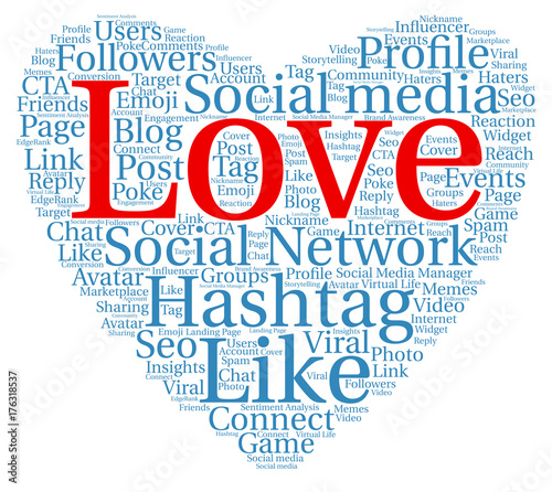 Words cloud Social Network concept, Heart shape.
