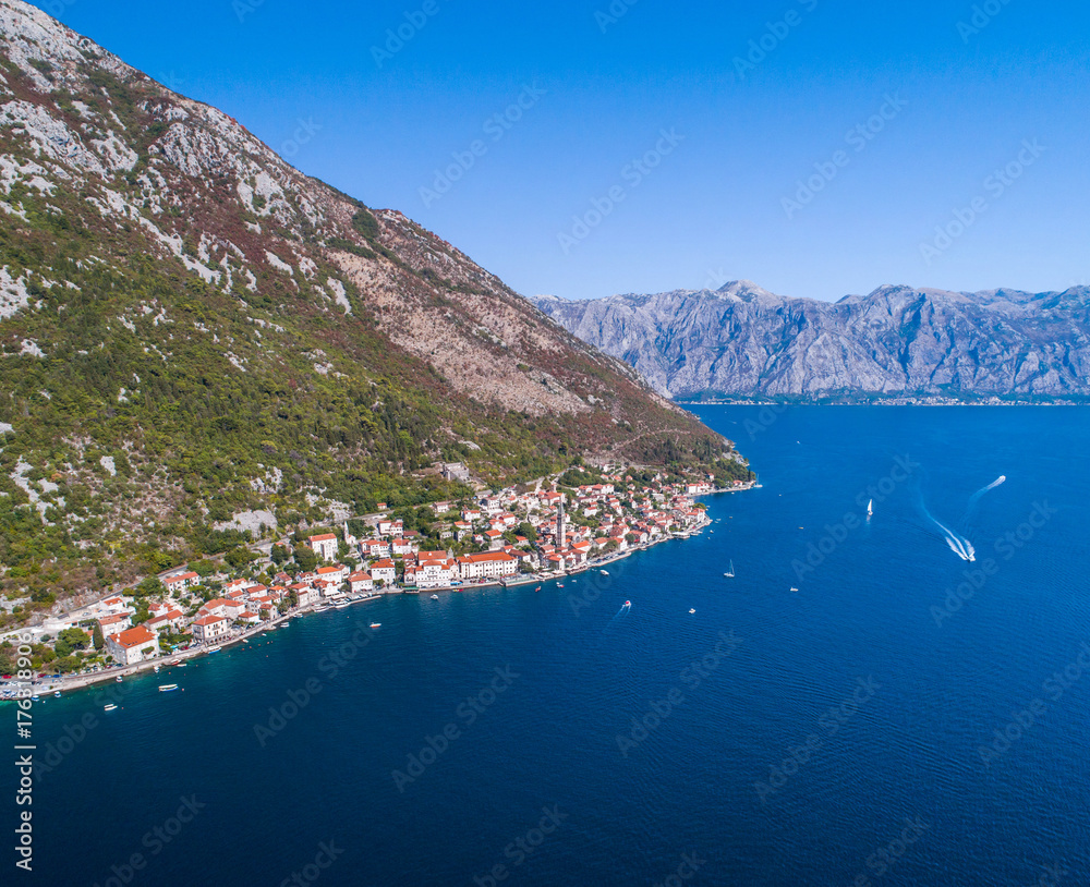 Aerial view of the Bay of Kotor, town of Perast, Montenegro