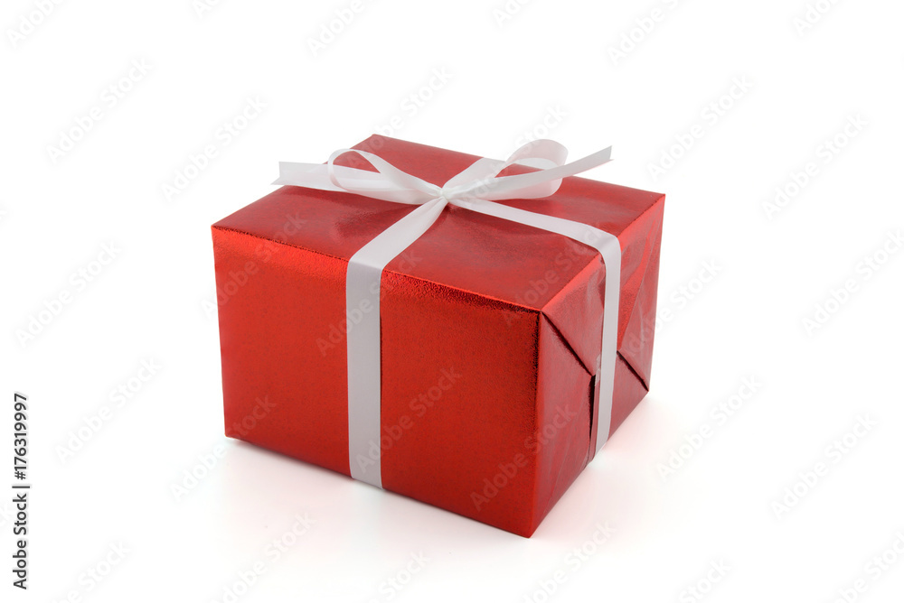 Fototapeta premium Red gift box white ribbon isolated on white background, using for christmas and new year or holiday other.