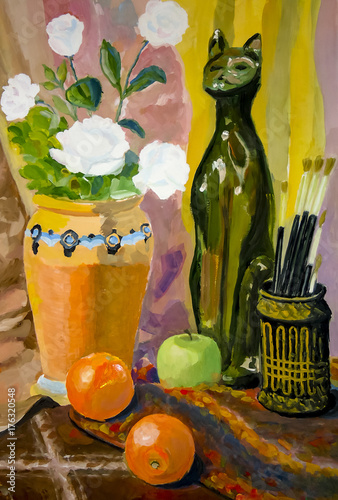 Still life. A painting depicting a still life, a vase, dishes, a photo