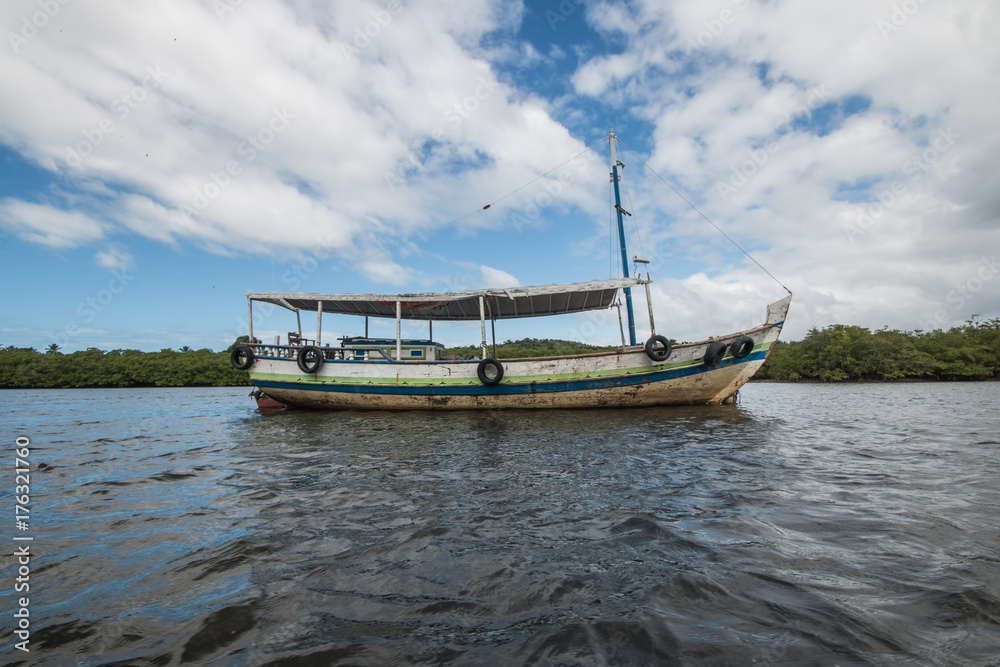 Landscape with Boat on the river and blue sky Landscape with Boat on the river and blue sky