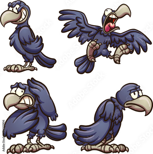 Cartoon crow with different expressions. Vector clip art illustration with simple gradients. Each on a separate layer. 
