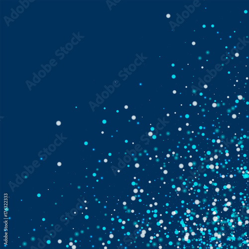 Amazing falling snow. Scattered bottom right corner with amazing falling snow on deep blue background. Classy Vector illustration.