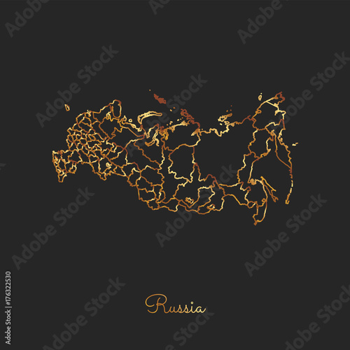 Russia region map: golden gradient outline on dark background. Detailed map of Russia regions. Vector illustration.