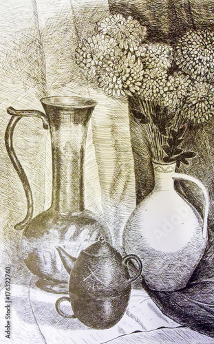 Still life. A painting depicting a still life, a vase with flowe photo