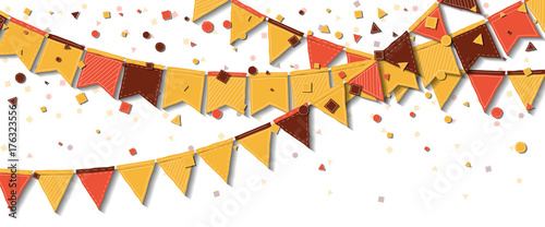 Bunting fair flags. Adorable celebration card. Autumn holiday decorations and confetti. Bunting fair flags vector illustration.