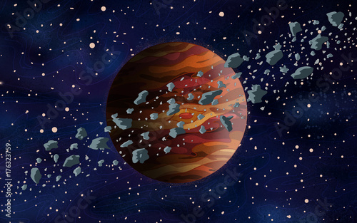 Original Exotic fantasy orange Alien Planet with asteroid belt around it.  Space scene environment.