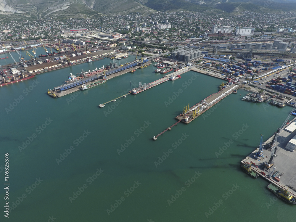 Naklejka premium Industrial seaport, top view. Port cranes and cargo ships and ba
