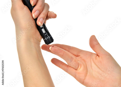 Diabetes diabetic concept finger prick for glucose sugar measure level blood test
