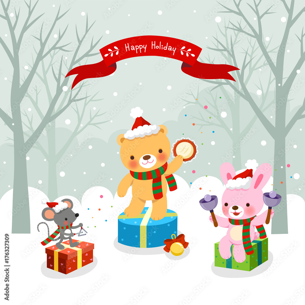 Fototapeta premium Winter forest with Christmas animal music concert. Merry Christmas greeting card