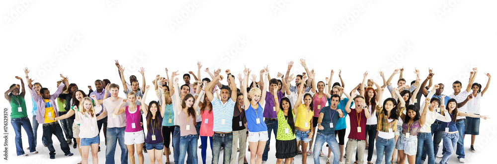 Group of diverse people with arms raised isolated on white