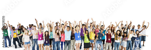 Group of diverse people with arms raised isolated on white
