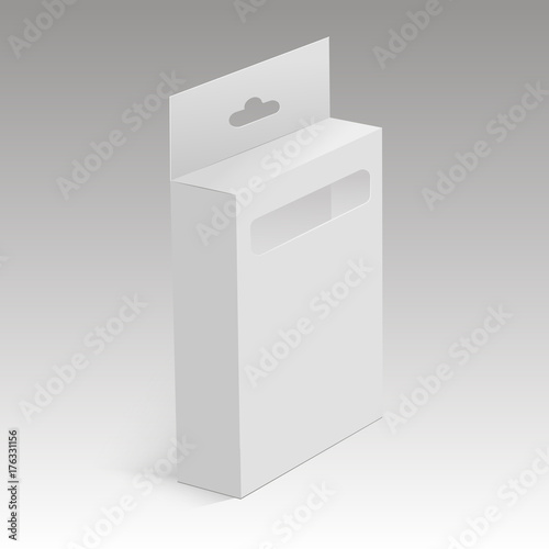 White mock up product package box with plastic window for pencils, pens. Vector