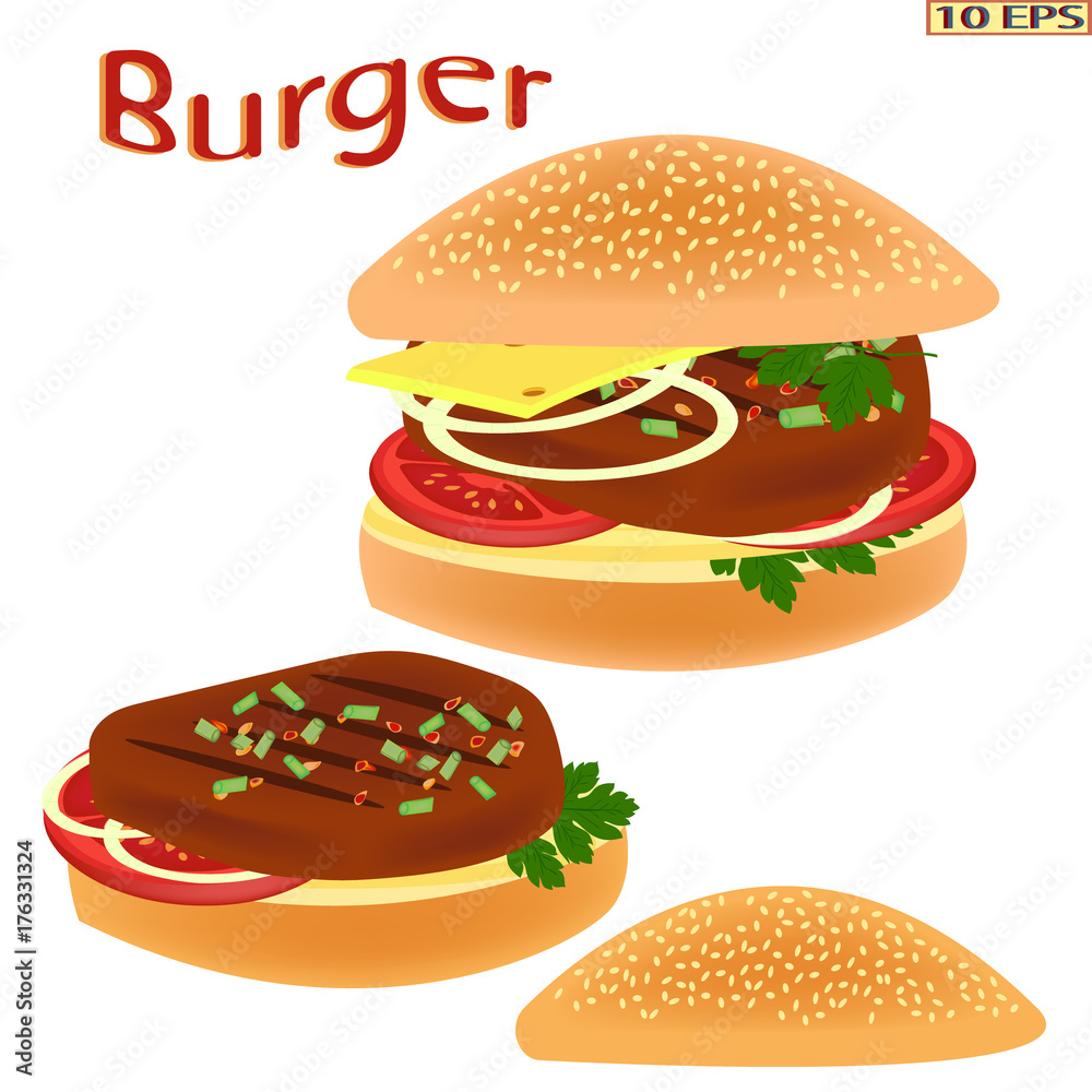 Fried cutlet and bread. Sandwich with cheese. Roasted steak on the bread on white background. Meat rissoles, tomato, onion, lettuce. Vector illustration for a recipe, restaurant menu, kitchen interior Fried cutlet and bread. Sandwich with cheese. Roasted steak on the bread on white background. Meat rissoles, tomato, onion, lettuce. Vector illustration for a recipe, restaurant menu, kitchen interior
