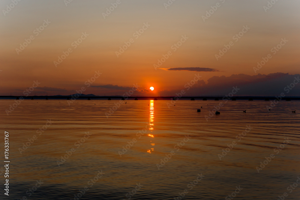 Sunset over calm sea. Few gulls on the sea surface. Sunset over calm sea. Few gulls on the sea surface.