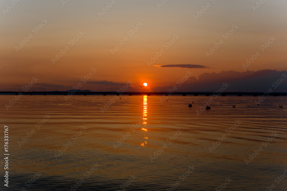 Sunset over calm sea. Few gulls on the sea surface.