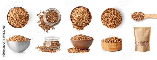 Buckwheat in different dishware on white background