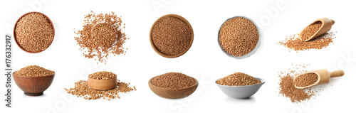 Fotografía Buckwheat in different dishware on white background