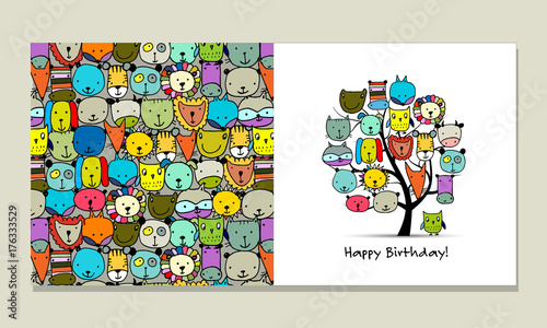 Greeting card design, funny animals tree