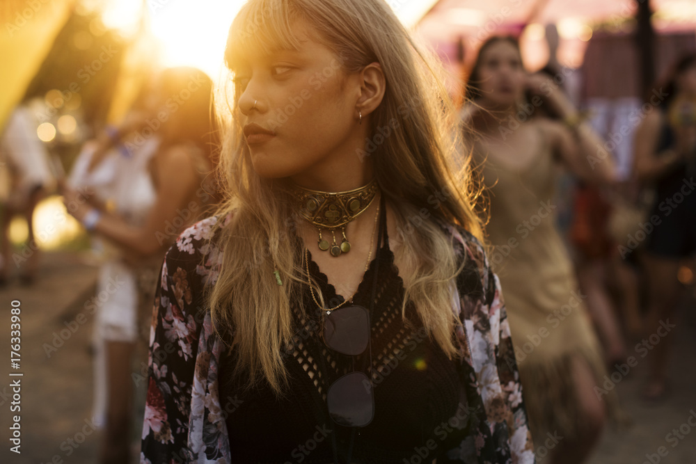 Diverse group of people enjoying a road trip and festival Diverse group of people enjoying a road trip and festival