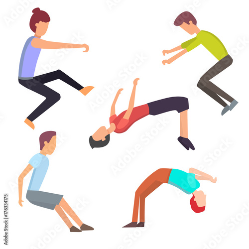 Fitness sport parkour people concept young person jumping extreme running danger gymnastics exercising vector illustration
