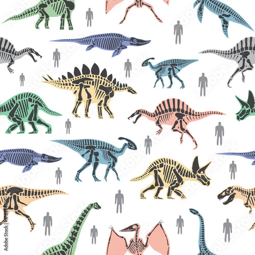 Dnosaurs seletons silhouettes bone animal and jurassic monster predator dino vector flat seamless pattern background