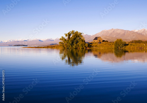 Church of the Good Shepherd and Lake, Mackenzie Country, Canterbury, New Zealand. photo