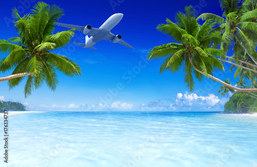 3D airplane flying over a tropical beach.