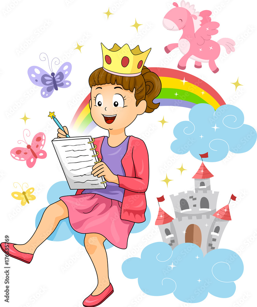Kid Girl Fairy Tale Story Writing Illustration Stock Vector