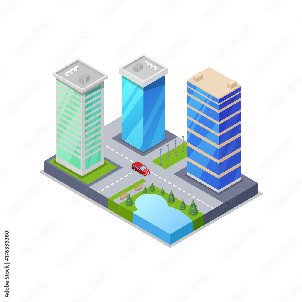 Downtown district isometric 3D icon. Skyscrapers, apartment, office, houses and streets objects. Low poly buildings vector illustration.