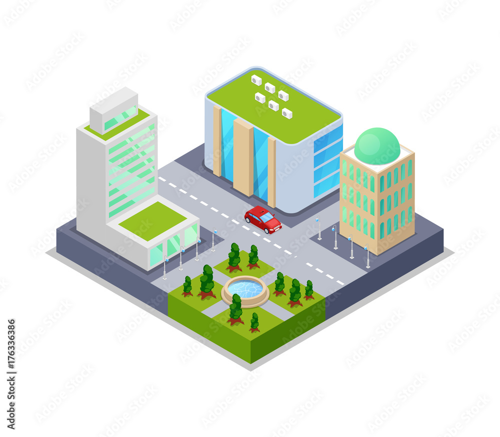 Urban real estate isometric 3D icon. Skyscrapers, apartment, office, houses and streets objects. Low poly buildings vector illustration.