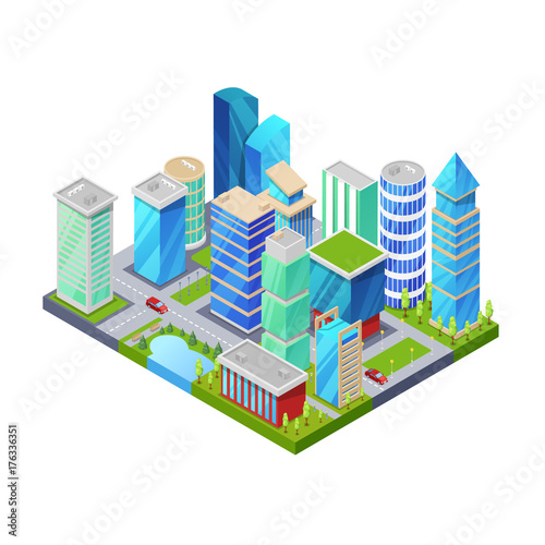 Modern downtown isometric 3D icon. Skyscrapers, apartment, office, houses and streets objects. Low poly buildings vector illustration.