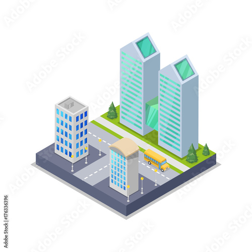 Modern town district isometric 3D icon. Skyscrapers, apartment, office, houses and streets objects. Low poly buildings vector illustration.