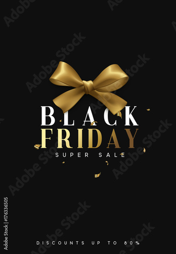 Black Friday sale, banner, poster, logo. Luxury gold and white text. Background golden ribbon bow.