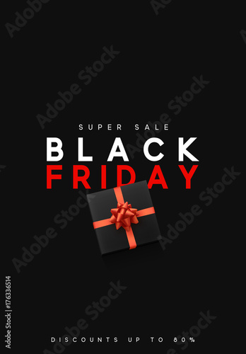 Black Friday sale, banner, poster advert. Card offert promotion design. Background black gift box with red bow.