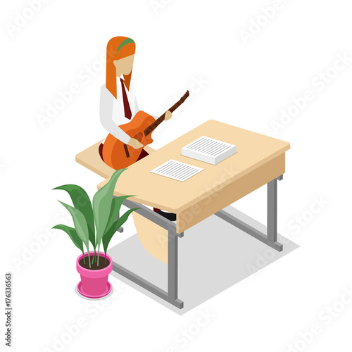 Teacher teaching music at your workplace isometric 3D icon. Young woman with guitar sitting at table, student studying in audience vector illustration.