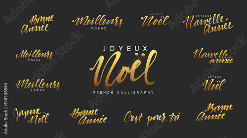 French lettering Joyeux noel, Meilleurs Voeux, Bonne annee. Merry Christmas and Happy New Year, golden text calligraphy
