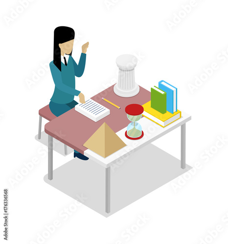 Teacher teaching painting at your workplace isometric 3D icon. Young woman sitting at table, student studying in audience vector illustration.