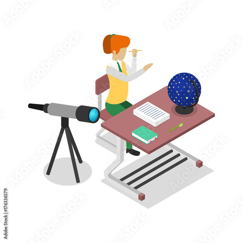 Teacher teaching astronomy at your workplace isometric 3D icon. Young woman sitting at table, student studying in audience vector illustration.