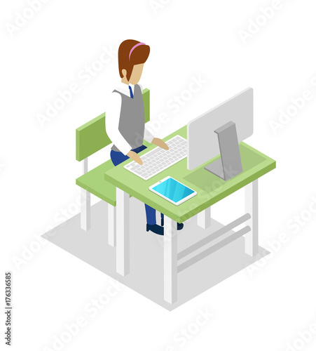 Teacher teaching informatics at your workplace isometric 3D icon. Young man sitting at table, student studying in audience vector illustration.