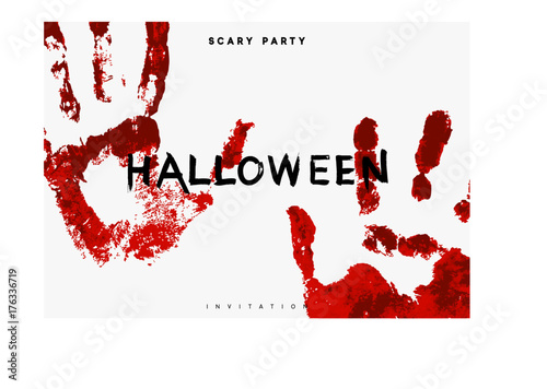 Happy Halloween. Hand in the red blood. Bloody handprint on white background