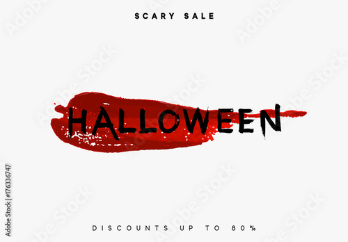 Happy Halloween. Red smear brushes of blood on white background.